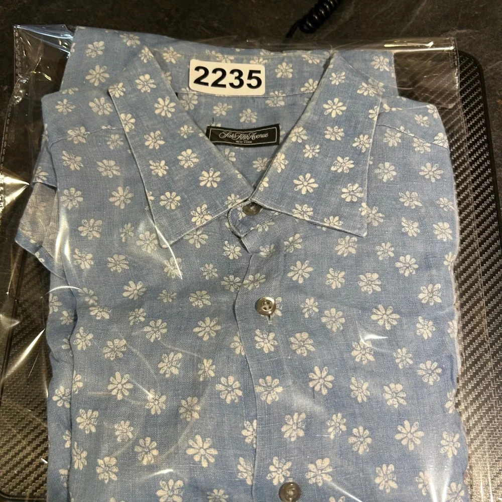 Saks Fifth Avenue Shirt Mens L Light Blue Daisy Floral 100% Linen Button Up - Picture 10 of 10